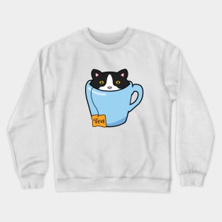 Cute tuxedo cat sitting in a cup of tea Crewneck Sweatshirt